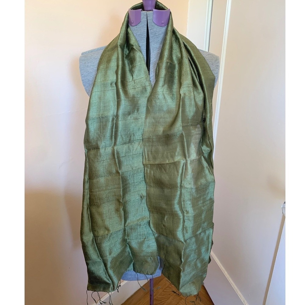 Raw Silk Olive Green Twist Fringe Scarf Wrap Shawl Boho Natural Lightweight